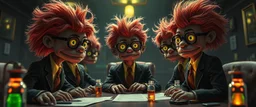 high class realism, the board in the style of fallout 4, A really close up portrait of one person individually mutated with hairy wigs glowing, messed up uranium creatures in a dimly lit boardroom, wearing tiny suits and glasses, with playful expressions. The room is filled with scattered papers, glowing vials, and miniature nuclear reactors. Style: whimsical digital illustration, cinematic lighting, colorful