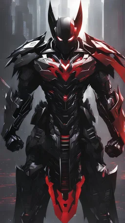 A close picture to Mix between symbiote and machine and batman in transformers cyborg with black metal and red details armor in solo leveling shadow art style with red details detailsis in fantasy world