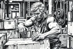 a working man (light swedish hair) pushing objects in a factory, sweating really hard, muscles are exploding, the man have worked through years of day and night never ending, black and white hard marker painting rough style, he pushing with raw power boxes and ibc, baxers