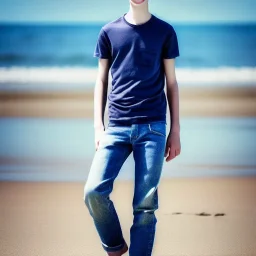 beautiful, smooth, realistic, Russian male, 15 y/o boy, beach, face, jeans, slim, extremely sharp detail, finely tuned detail, ultra high definition, 8k, unreal engine 5, ultra sharp focus, smile teeth, happy