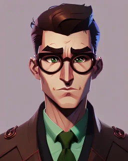 Fit man in round glasses, wavy hair, stubble, slim, tie, monotone, green eyes, comic book style, two tone colours, detailed, ink, realistic, handsome, square jaw, big brows, no jacket, bird on the shoulder, spotlight