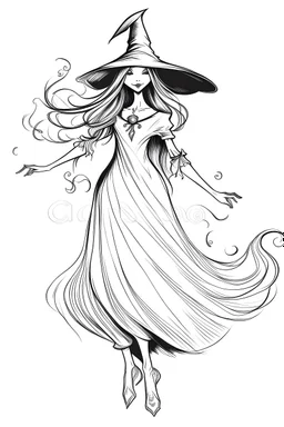 A page with witch, white background, sketch style, full body, only use outline. No shadow clear and well defined .