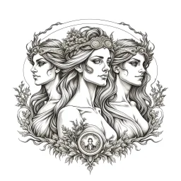 The Fates (Clotho, Lachesis, and Atropos).. realistis tatto sketch style, white background, profesional tatto sketch