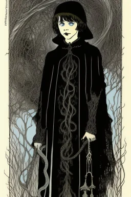 7 year old boy, necromancer, friendly, looks dead,with a lamprey serpent , wearing black robes, in the style of Harry Clarke
