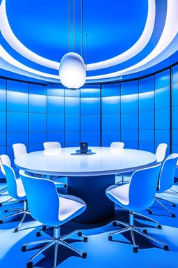 A meeting room with blue walls and a white floor, and the meeting table is oval in shape