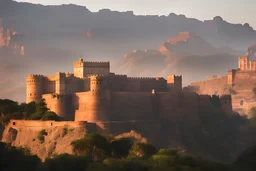 'Agra fort style', grey granite fortress situated in hilly Highlands seen from far away built into the shadows of granite cliffs with the sunset behind it