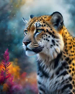 Majestic Guepard, beautiful, magical. Looking at the camera. 64K high definition, hyper detailed realistic detailed, vivid satin colors, energetic, smoke. Aesthetic & the art of beauty masterpiece, stunning colors, super polished, beautiful artwork combines watercolor texture with digital art’s. Vibrantly colored, stylized. Surrounded by mist. Magical. Super fine detail, hyper-realistic, 64K Ultra-realistic, ultra high definition, Ultra realistic, natural lighting, cinematic lighting, cinematic