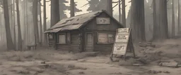 log cabin, post-apocalyptic, comic book, forest, cinematic, from far away,