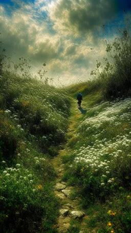 narrow stone path above the ground gradually getting higher into the clouds no railings, dangerous drop people in black leathers medievil period weather is wet spiraling into the clouds fantasy, a pretty girl with her dog walking in the trail