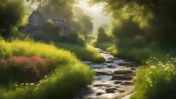 Beautiful realistic rural landscape, warm sunshine, lush plant growth, flowers, human habitation, brook, peaceful, delightful, idyll, award-winning photograph, detail, beautiful composition, attractive colour, chiaroscuro, rule of thirds