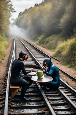 2 people are sitting on a train track, having tea at a round table; they have wet suits on with flippers and dive goggles; a steaming train is coming right towards them