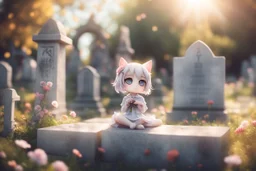 cute chibi anime cat girl in the graveyard, sadly sitting next to a grave, flowers in her hand in sunshine, ethereal, otherwordly, cinematic postprocessing, bokeh, dof