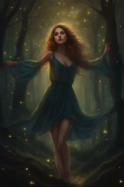 Painting of a dream girl in a fantasy forest, glitters in the forest background, digital painting, fantasy painting, dancing girl, song, fantasy art, fantasy girl, beautiful girl, beautiful face, 25 years old, beautiful painting, forest In the background, dark night, glitter in the background, fantasy forest, haunted forest