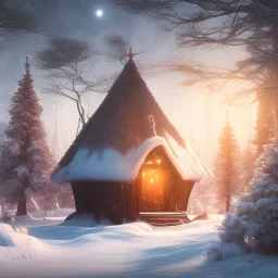 Mysterious christmas night, a lonely hut, surreal atmosphere, cosmic backdrop, celestial ambience, soft lighting, very chilly appearance of the surroundings, unreal engine 5 volumetric lighting, intricate details, realistic style, 8k resolution