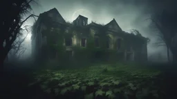 A dilapidated, abandoned asylum at night, shrouded in eerie fog. The building is overgrown with ivy, with broken windows and graffiti-covered walls. The atmosphere is filled with an unsettling silence, and shadows cast by the moonlight add a sense of dread.
