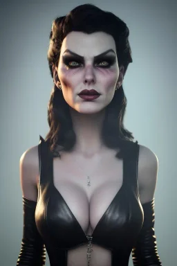 Amy Dumas as evil queen in black leather, leather, busty, cleavage, angry, rage, stern look. character design by cory loftis, fenghua zhong, ryohei hase, ismail inceoglu and ruan jia. unreal engine 5, artistic lighting, highly detailed, photorealistic, fantasy