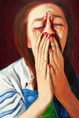 Artist crying, holding paintbrush