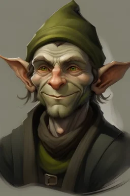 portrait of a young goblin with a short beard and wearing a flat wool cap