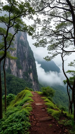 A trail between two mountains peaks in the Amazon side view , , below is a huge wood top view , foggy, misty , adventures