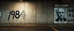 background of wall(wet textured concrete, gray, old, cracked, stained, 1 wall light) from underground parking, hong kong style, a large"1984" painted on left(old faded paint), cyberpunk, to the right of opening row of posters(blank) ending with a larger poster(tightly cropped face, scornful, staring, dictator, from 1984)