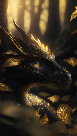 Photoreal close-up of enchanted black baby dragon in a golden forest shrouded in sparkling luminescent mist.