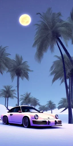 1980's aesthetic vaporwave palm trees with moon with porsche in the winter snow with lightning