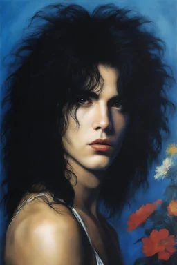 Chiaroscuro lighting, deep shadows, rich deep colors, facial portraits, 1980, 15-year-old Paul Stanley, ((1980's big hair, long, teased up Spikey Motley Crue style hair)), black hair, facial portraits, foggy, cloudy blue wall with assorted designs and multiple floral arrangements in the background, 4k, 8k, 16k, 32k, 100k UHD, Ultra-Hyper Resolution, dark, sultry eyeshadow, eyeliner, mascara, rouge, lipstick, from the rock and roll band KISS