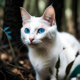 a white cat with blue eyes in the forest