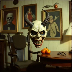 Flash photo of a room, 1980 horror movieshot, with chair, table, odd objects in background, ugly and scary mask, odd paintings hanging in the walls, rotten fruits, pair of glasses, horns, skin