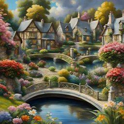 Scène de village miniature d'inspiration Art nouveau, avec des maisons confortables inspirées de l'architecture anglaise, avec une rue rustique bordée de fleurs, une chaleur semblable à celle de Thomas Kinkade émanant des fenêtres, un pont pittoresque surplombant un étang, flore accentuant le paysage, sous un ciel partiellement nuageux qui laisse présager une journée ensoleillée, des teintes reflétant les couleurs les couleurs les couleurs caractéristiques de la campagne anglaise.