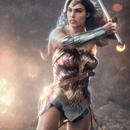 Wonder woman battles a insect, futuristic design, rain in background, close-up face, geometric armor, female face, 3d unreal engine, black face, close up armor, church detail, lovely face