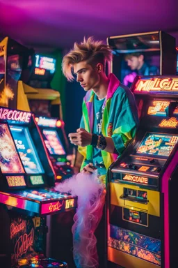 a millineal teenage boy is playing video arcade games, bright colored clothes from the 90s, hairstyles of that time