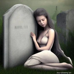 Girl crying laying next to a tombstone