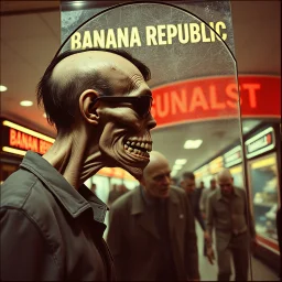 long shot profile shambolic zombie with face sores and a slack jaw in an 1980's dystopian poorly lit mall at a sunglasses kiosk who is looking into a cracked stained mirror with sunglasses on, grainy color photography, "BANANA REPUBLIC" Sunglasses Hut kiosk, other zombies stumbling around aimlessly in background