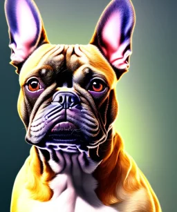 a detailed illustration of a french bulldog, phoenix bird wallpaper, luminescent body, full body, symmetrical body, realistic, glowing muscles, sharp focus, meticulously detailed, soft evening sky, 64k