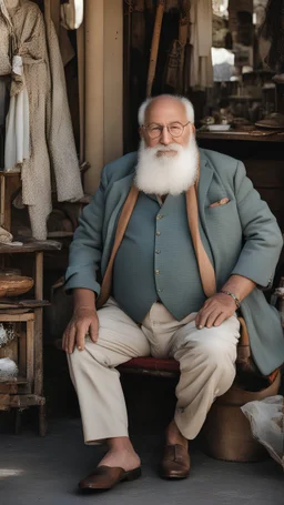 Full length photograph of a 58 year old, strong and chubby Neapolitan antiques dealer, at the street market, elegantly dressed, old glasses, short white beard, short shaved hair, under the sun, stocky, open shirt, hairy chest, sitting in a furniture stall of antique and mirrors, big belly, big shoulders,, sunlight, ambient occlusion, side light, photorealistic, side view from the ground