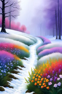 a field filled with lots of flowers next to a forest, footsteps in the snow, beautiful mastter painting, splashes of colors, path, very attractive and beautiful, heavy mist, ( land ), pathway, color splashes, beautiful view, soft edges, stunning screensaver.