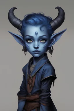 a tiefling 12-year-old child, blue skin, short horns