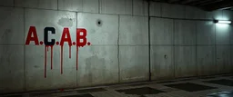 background of firing squad execution wall(wet textured concrete, gray, old, cracked, billet holes, blood stained, 1 wall light) from underground parking, german style, a large blocky upside down "A.C.A.B." painted on left(old faded paint, red stains running down and past), cyberpunk,