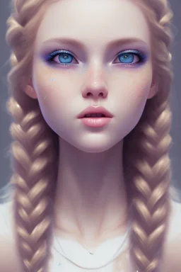 20 year old girl, cute, beautiful, blonde hair, one loose braid on left side, blue eyes, big eyes, pale skin, blue dress, ice dress, long eyelashes, pink lipstick, thin lips, small nose, semirealistic, 8k resolution concept art portrait