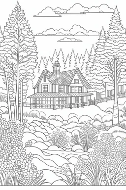 coloring page, woodland retreat, full view, realistic, coloring page, only draw lines, coloring book, clean line art, –no sketch, color, –ar 3:4, white background, minimalistic black lines, minimal black color, low level black colors, coloring page, avoid thick black colors, thin black line art, avoid colors, perfect shape, perfect clear lines,