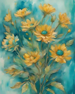 turquoise, green and gold flower van Gough water color