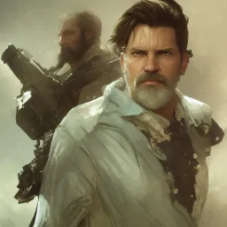 "MIddle aged white human male, with a trimmed but uneven beard, piercing green eyes with slick back hair head and shoulders portrait, 8k resolution concept art portrait by Greg Rutkowski, Artgerm, WLOP, Alphonse Mucha dynamic lighting hyperdetailed intricately detailed Splash art trending on Artstation triadic colors Unreal Engine 5 volumetric lighting Splash art fantasy"