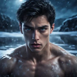 Hyper Realistic Photographic-view of Young handsome muscular prince with short-black-hair frozen deep-down a frozen-lake with the terrified look on her face & eyes dramatically open with-terrified-worried-expressions in her beautiful-eyes at night showing dramatic & cinematic ambiance.