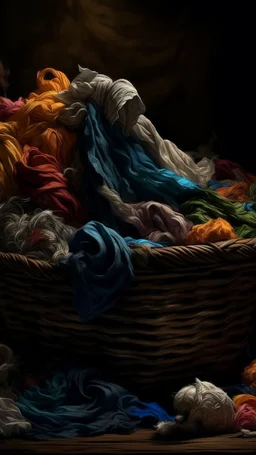 Bosch nightmares paining style Title:a basket full of colourful rags ,8k artistic photography, photorealistic concept art, soft natural volumetric cinematic perfect light, chiaroscuro, award-winning photograph, masterpiece, oil on canvas, Raphael, Caravaggio, Greg Rutkowski, people, beksinski, Giger