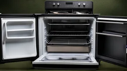 disassembled refrigerator with parts stuck on oven