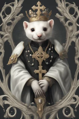 (anthropomorphic white ferret),dressed in ((cleric fantasy)) black clothes with silver holy ornaments, realistic anatomy, holy symbols around, serious face, hold holy cross symbol, tired face, in the style of LOISH, look at the vivewer, cute face, fantasy inspire, fantasy church on background with sunshine, gloomy atmosphere