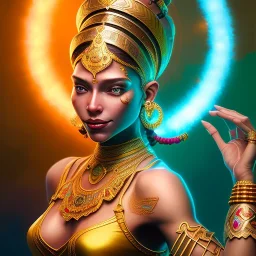 dhalsim as gypsy woman with arms above her head ,yoga artist , 4k, Masterpiece, perfect eyes looking down, Digital Illustration, Cinematic Lighting, Realistic, Sharp Focus, Centered, Beautifully Lit, Bioluminescent by Stanley Artgerm Lau