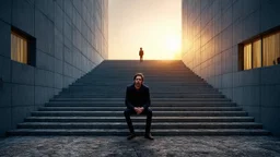 Head of a scared man sitting on a barren grey concrete landscape divided into architectural floors. Stairs between floating floors outside. Windows, Golden fragments, Glow, Glare, Gothic architectural elements. Mouth acting as an entrance door. Golden hour, Tiny man walking around the building. Reminiscent of MC Esther and Magritte.