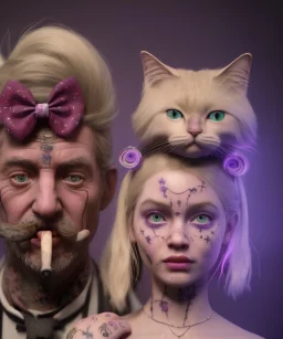 Ultra realistic photo, happy couple, blonde Alice woman and purple cat smoking a pipe, circus blue dress style, black headband with bow, old school body tattoo, smoke, marihuana garden, glow eyes, perfect iris, soft color, highly detailed, unreal engine 5, ray tracing, RTX, lumen lighting, ultra detail, volumetric lighting, high definition.